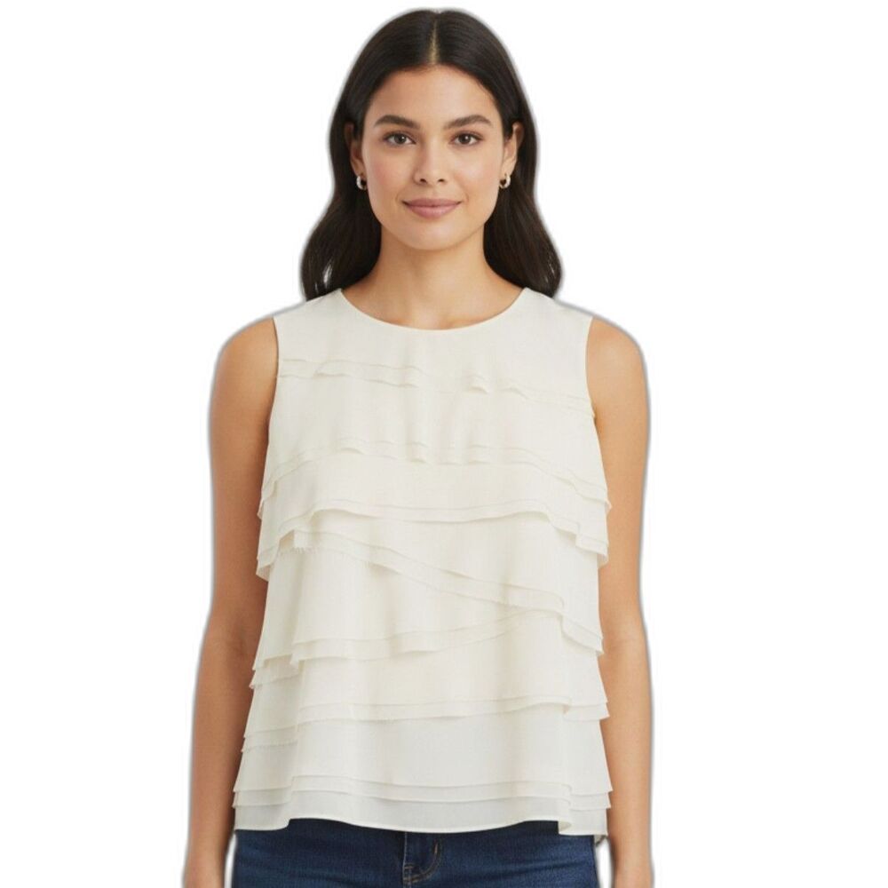 Michael Michael Kors Ivory Silk Blend Tiered Ruffle Sleeveless Blouse Size P